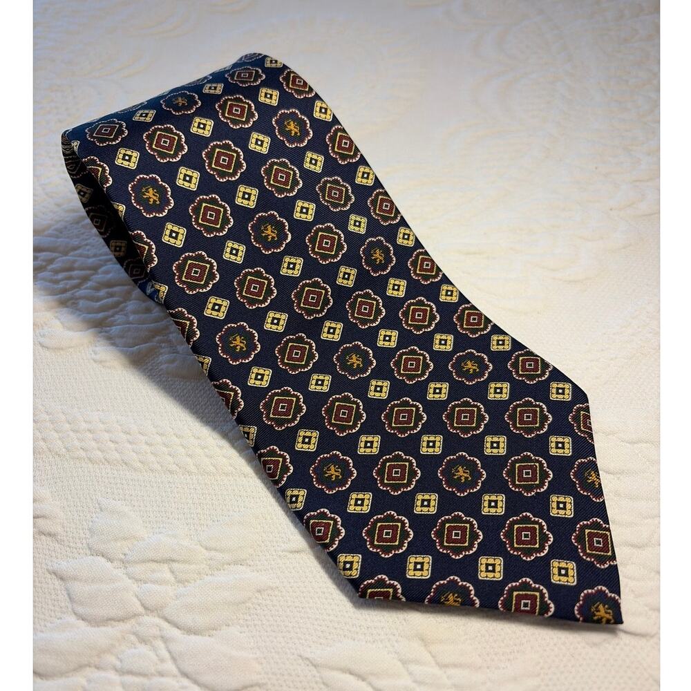 Vintage Tommy Hilfiger Silk Tie Navy Burgundy Gold Geometric 90s Classic USA